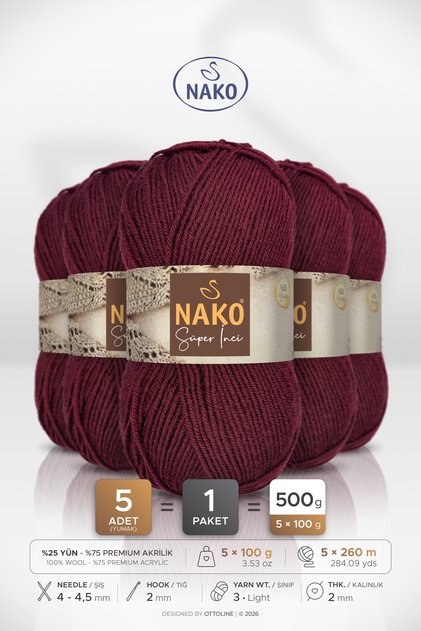 Super Pearl • Burgundy (999) • 5-Pack × 100 Gr / 260 m • Wool Blend Hand Knitting Yarn • Scarf, Vest, Sweater