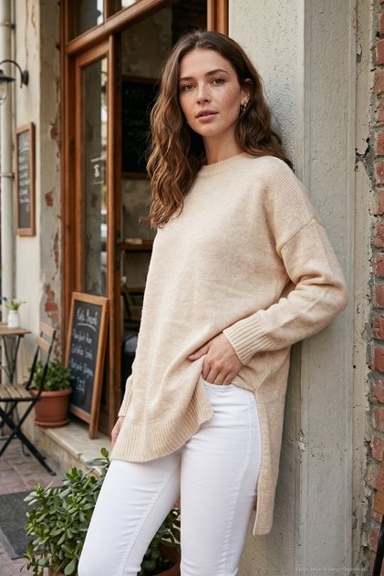 Relaxed Cut Slit Detailed Crew Neck Sweater Women's Sweater 4616142Y