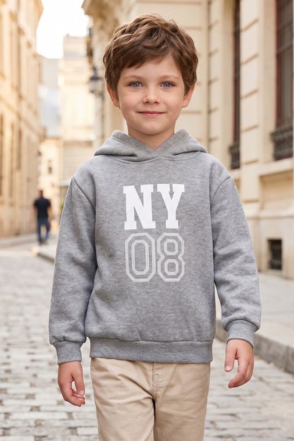3 Thread Letter and Number Printed Hooded Boy's Sweatshirt