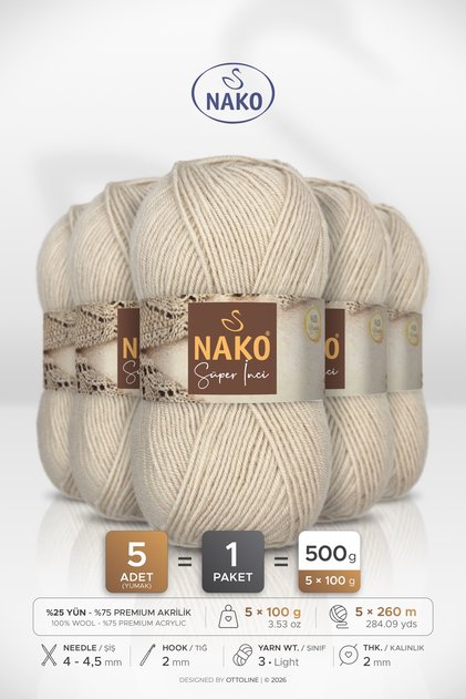 Super Pearl • Mushroom Beige (6383) • 5-Pack × 100 Gr / 260 m • Wool Blend Hand Knitting Yarn • Scarf, Vest, Sweater