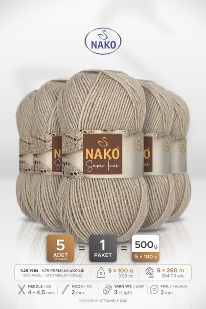 Super Pearl • Pouch Paper (1199) • 5-Pack × 100 Gr / 260 m • Wool Blend Hand Knitting Yarn • Scarf, Vest, Sweater
