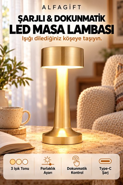 Gold Şarjlı Dokunmatik Masa ve Gece Lambası- Dimmerli ve Enerji Tasarruflu LED Işık Aydınlatma Abajur