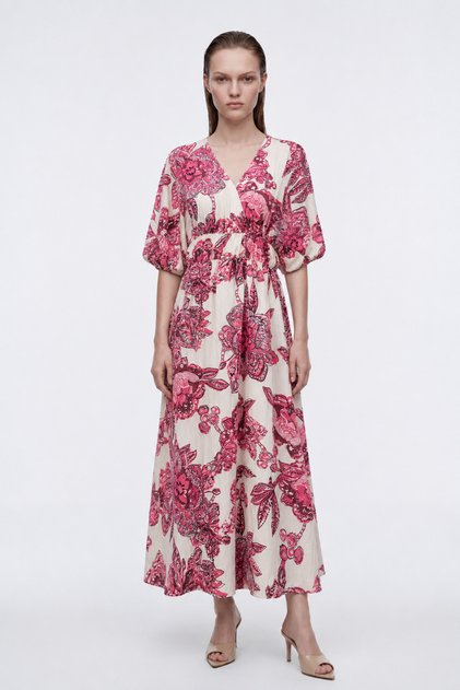 Elastic Waist Bat Sleeve Linen Dress