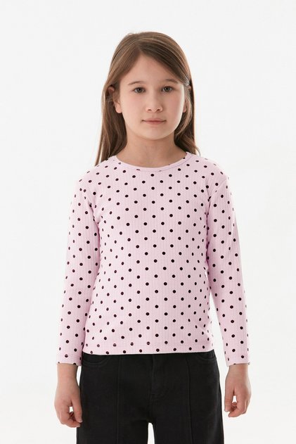 Polka Dot Patterned Girl's Blouse with Crew Neck