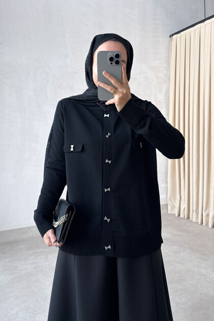 Brooch Detail Mercerized Hijab Cardigan - Black