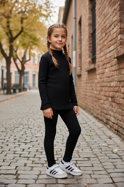 Ribbed Lycra Half Turtleneck Girls' Leggings Set