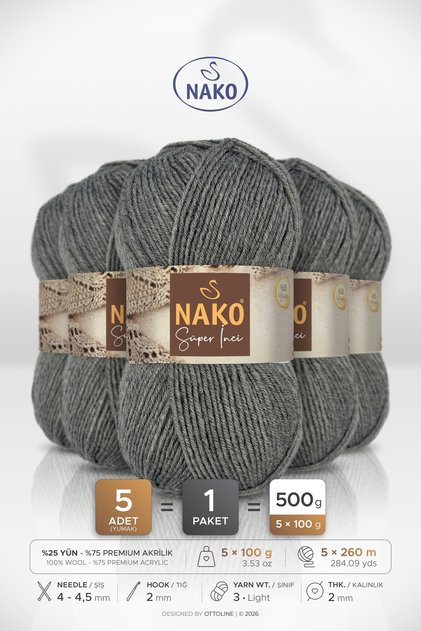 Super Pearl • Medium Gray (194) • 5-Pack × 100 Gr / 260 m • Wool Blended Hand Knitting Yarn • Scarf, Vest, Sweater