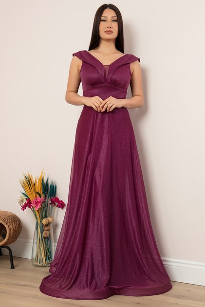 13280 Rochie de seară lungă din tul cu sclipici