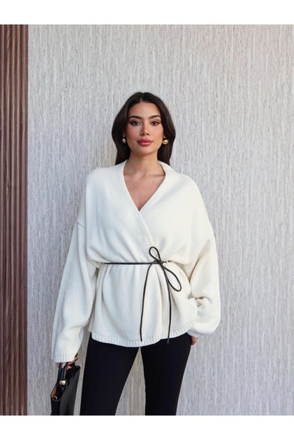 Leather Belted Knitwear Cardigan