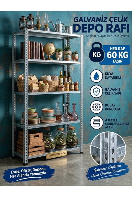 5 Katlı Galvaniz Çelik Raf Arşiv Rafı Depo Rafı Kiler Rafı 43x93x200 cm Çok Amaçlı Raf