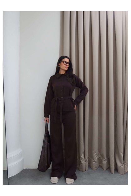 Belted Knitwear Cardigan Trouser Set