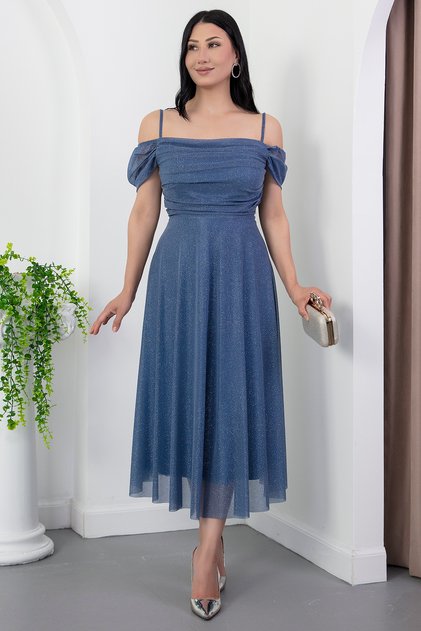 Rochie din tul cu sclipici cu bretele cu decolteu pătrat 39976