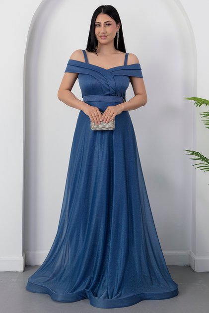 13278 Rochie de seară lungă din tulle cu sclipici, cu bretele spaghetti
