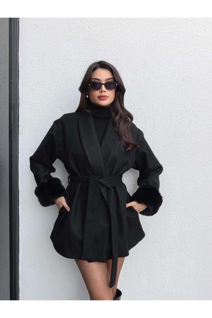 Fur-Cuffed Tie-Detail Short Coat