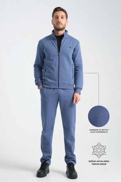 Indigo Men's Winter Tracksuit Set with Thermosoft Technology, Lamb-Like Look on the Inside, Regular Fit