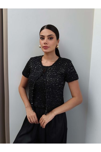 Sequin Knitwear Crop Cardigan Set