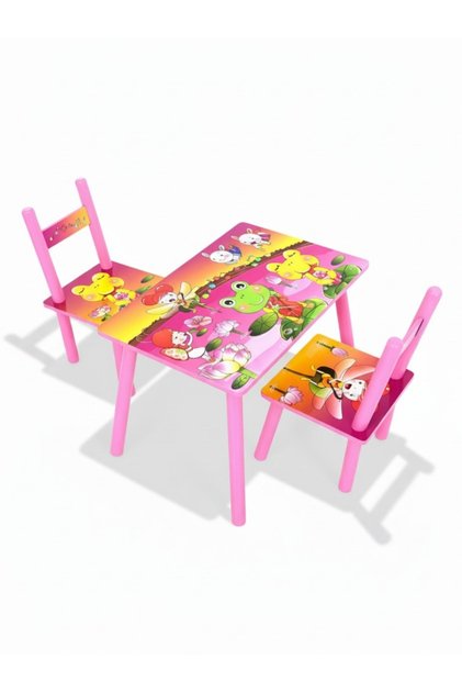 Set masă și 2 scaune pentru copii, din MDF, dimensiuni 59x39x40 cm, model broască zână