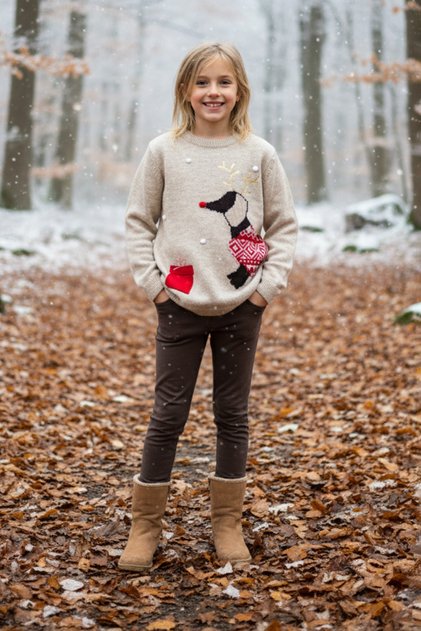 Deer Patterned Girl's Knit Sweater