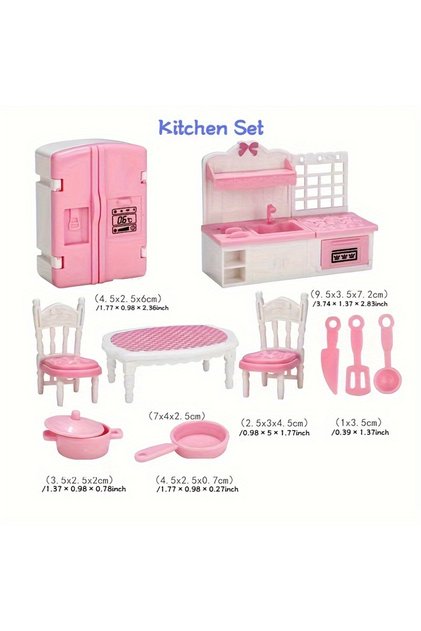 Pink Kitchen Dollhouse Furniture Set Accessories Doll House Mini Furniture Pretend Play Bedroom Liv