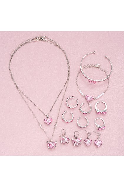 AYA6182002HB 14 PCS Pink Craystal Heart Pendants Necklace Earrings Ring Bracelet Sets For Women Girl