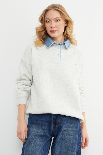 3 İplik Kot g Paneled Sweatshirt with Metal Accessories