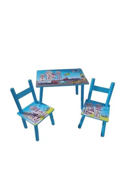 Set masă și 2 scaune pentru copii, din MDF, dimensiuni 59x39x40 cm, model Cars, culoare albastru