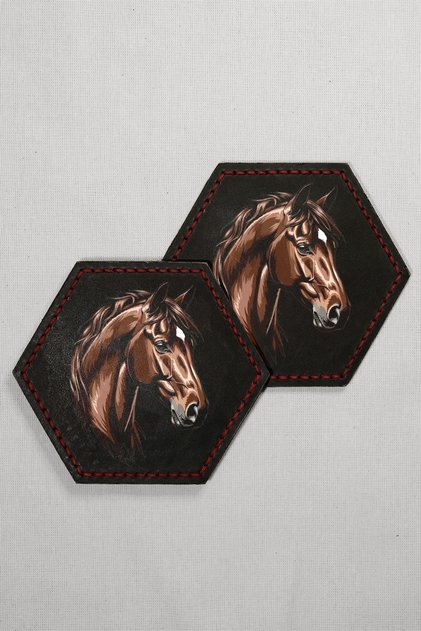 Set of 2 Leather Coasters - Genuine Vegetable Leather - Horse Portrait Printed - Handmade Coaster