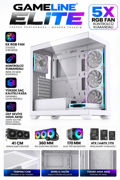 ELITE 5x RGB Fan Kumandalı USB 3.0 ATX Gaming Bilgisayar Kasası Beyaz