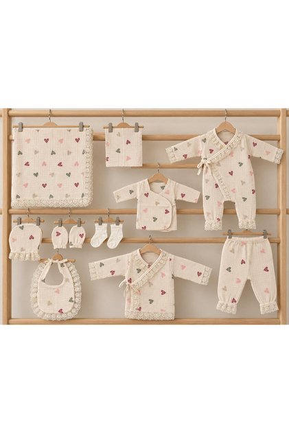 100% Cotton Baby Girl 10 Piece Hospital Discharge Set with Heart Embroidery, Muslin Fabric and Lace Detail