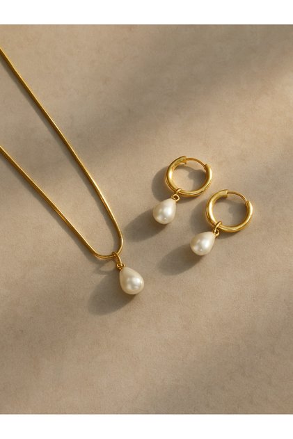 Gold 3pc Stainless Steel Waterproof And Non-Fading Stylish Women's Water Droplet Pearl Hoop Earrings