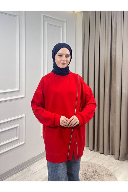 Kadın Fermuar Detaylı Asimetrik Kesim Bisiklet Yaka Oversize Tesettür Sweatshirt Tunik