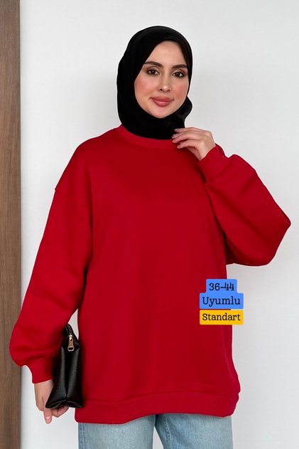 Women's 3 Thread Threaded Crew Neck Basic Hijab Sweatshirt 397 Red