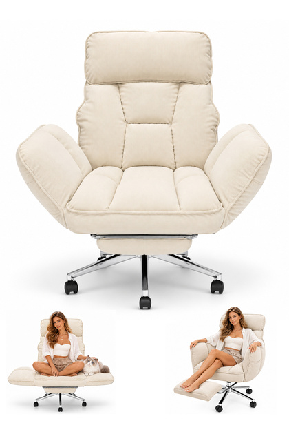(ic79)Off-White Corduroy Executive Chair, 5 Position Adjustable Backrest, 180° Foldable Armrest, With Footrest, 360° Swivel Office Leisure Chair