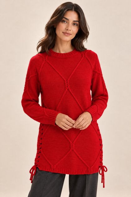 Women's Long Sleeve Round Neck Lace-Up Side Knit Patterned Knitwear Tunic - Modern Islamic Fashion and Winter Elegance