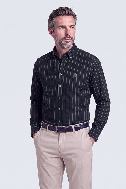 Black Pinstripe Button-Down Collar Long Sleeve Men's Shirt