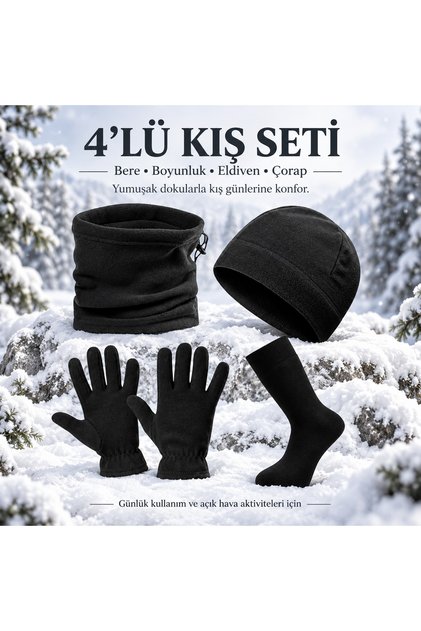 Unisex Black Thermal Winter Quality Fleece Gloves-Beanie-Neck Collar-Thermal Socks Set