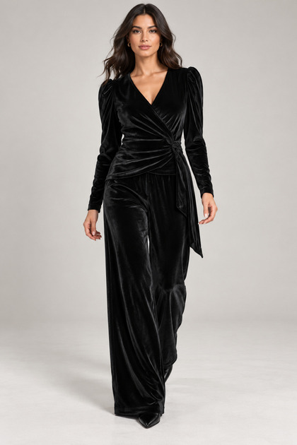 Timeless Elegance-Women's Black Velvet Double-Breasted V-Neck Waist-Tied Draped Long-Sleeved Blouse Wide-Leg Pants Two-Piece Set