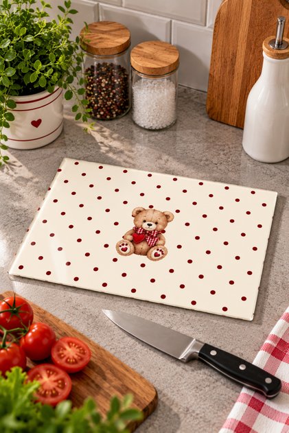 Glass Cutting Board with Teddy Bear, Cream Background, Burgundy Polka Dot Themed - Glass Cutting Board | 20cm X 30cm