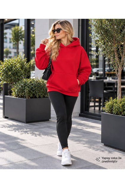 Kadın Düz Sade Kapüşonlu Sweatshirt - Kanguru Cepli Oversize Pamuklu Kışlık Sweat