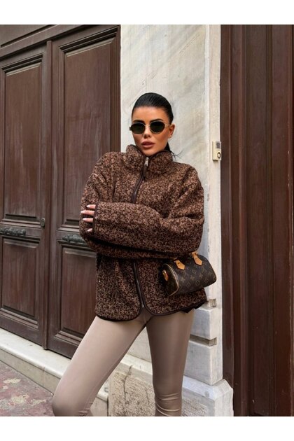 Dik Yaka Fermuarlı Kırçıllı Oversize Ceket – Kahverengi