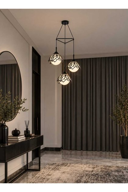 Ceiling Pendant Light with White Glass Globes and Decorative Black Metal Shades - 40W Luxury Ceiling Fan (Model 9738-3)