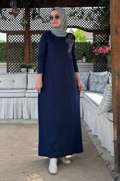 Melodi Boncuk İşlemeli Triko Elbise Lacivert