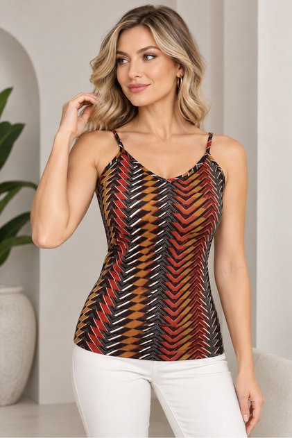 Women's Strappy V-Neck Geometric Patterned Elegant Design Casual Tile Blouse