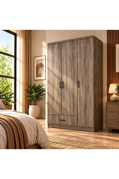 Modern wardrobe with 3 doors and a bottom drawer in dark brown - 120 cm size