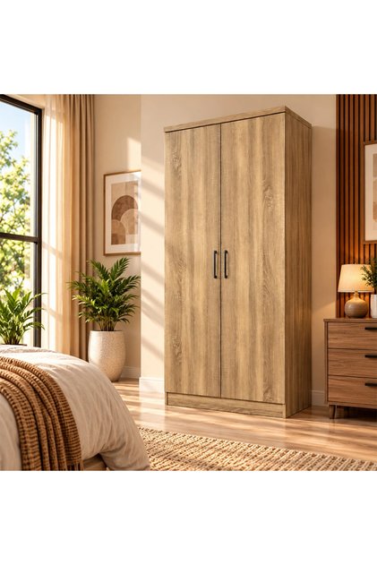 Modern 2-door wardrobe with a contemporary design in beige wood color - 80 cm size
