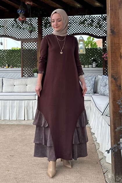 Menekşe Cupra Detaylı Triko Elbise Acı Kahve