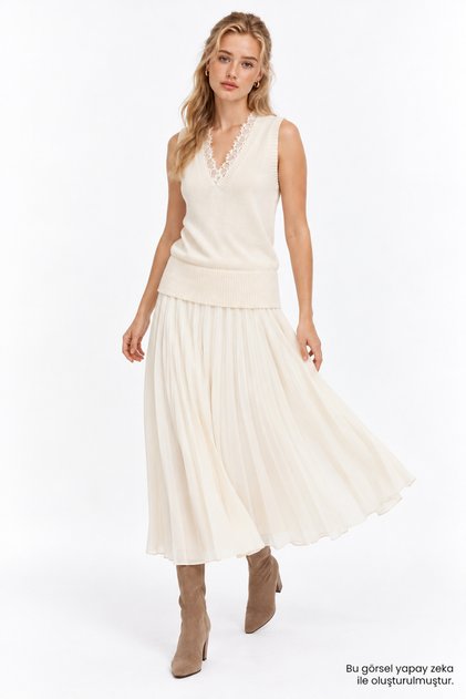Lace Detailed Knitwear Top and Chiffon Skirt Midi Dress