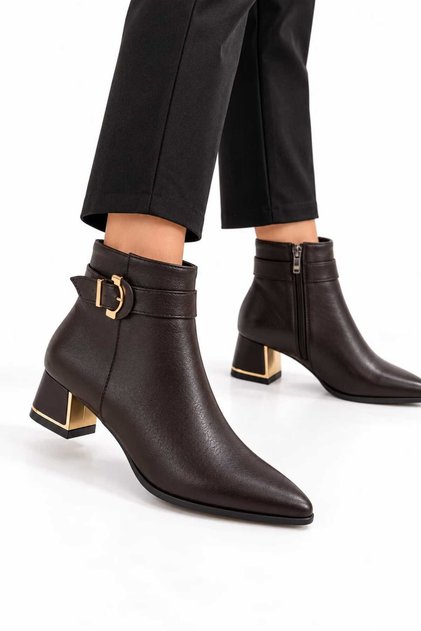 Women's Black Textured Leather Look Pointed Toe Boots with Gold Buckle and Heel Detail