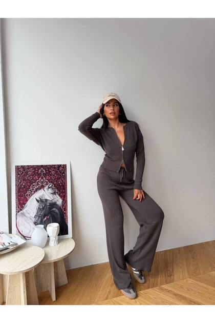 Women's Crew Neck Double Zipper Blouse and Palazzo Pants Knitwear Bottom Top Set