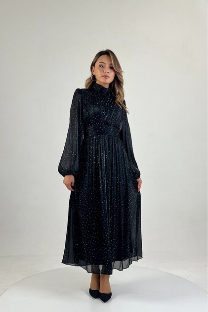 Women's Black High-Necked Stone-Detailed Draped Midi-Length Tulle Dress Nbmy4206